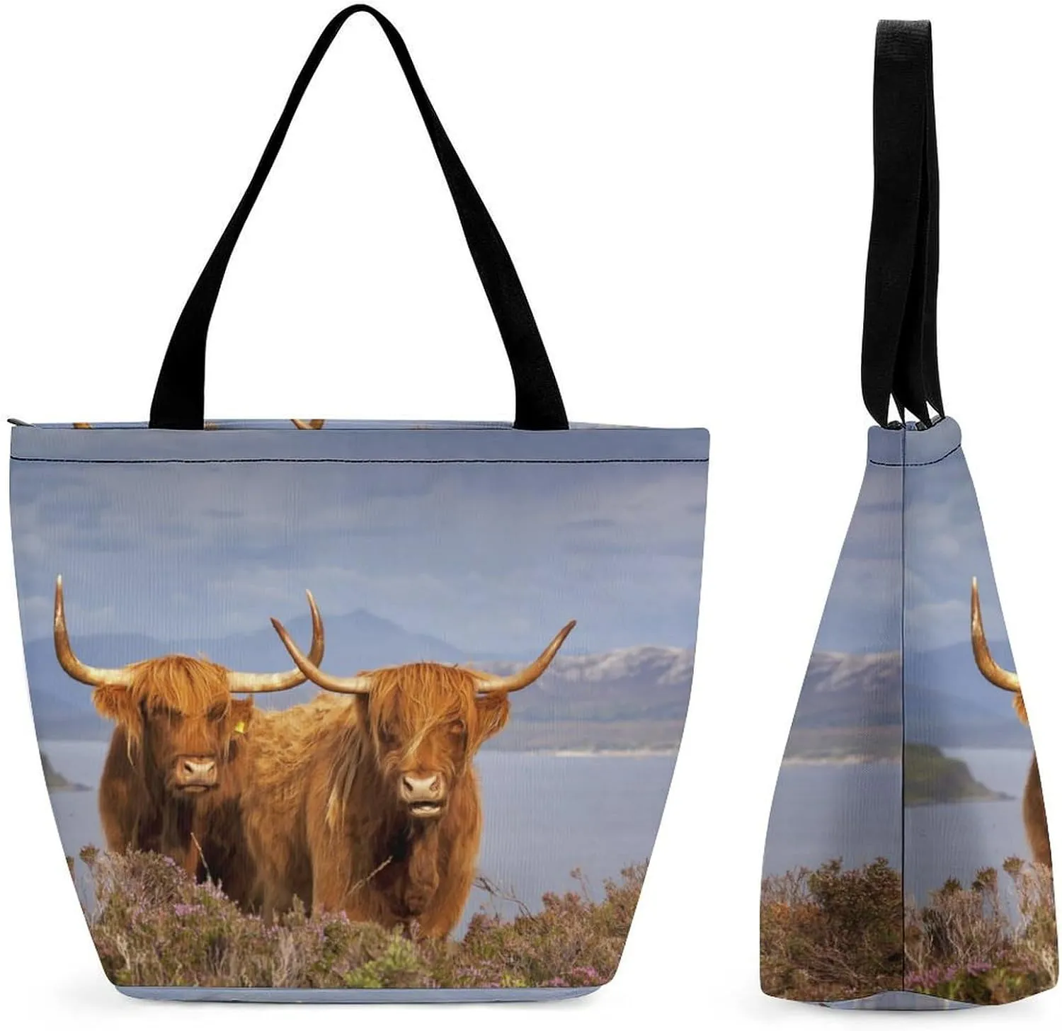 MoBlinko Lying Highland Cow Tote Bag for Women Reusable Handbags Shoulder Bags with Zipper for Yoga Grocery Gifts