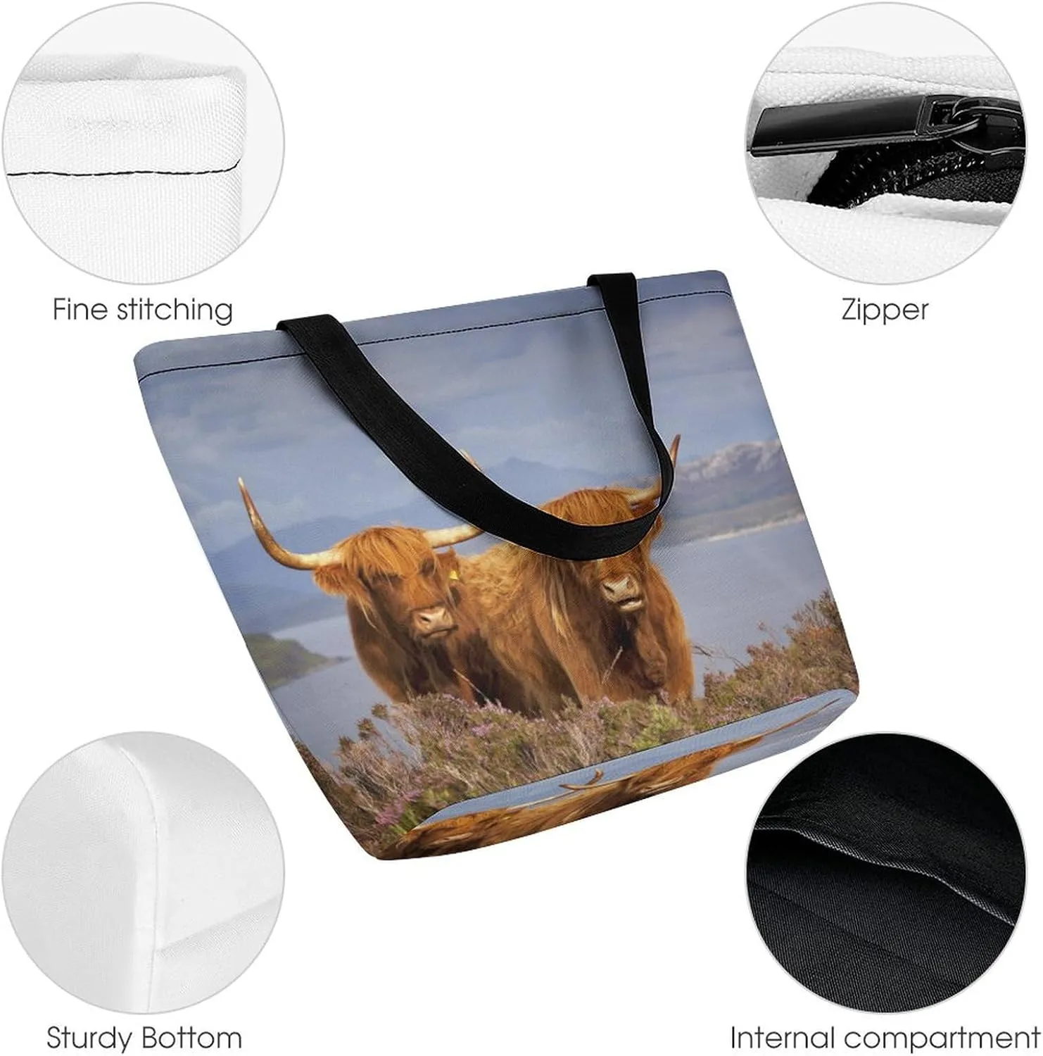 MoBlinko Lying Highland Cow Tote Bag for Women Reusable Handbags Shoulder Bags with Zipper for Yoga Grocery Gifts