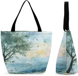 MoBlinko Morning Forest Landscape Women Tote Bags Reusable Yoga Shoulder Bag Handbag with Zipper for Dog Lover Gift
