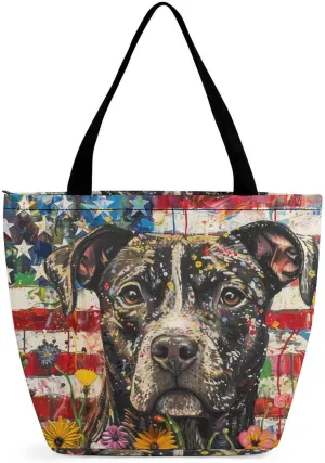 MoBlinko Patriotic 4th of July Dog Women Tote Bags Reusable Yoga Shoulder Bag Handbag with Zipper for Dog Lover Gift