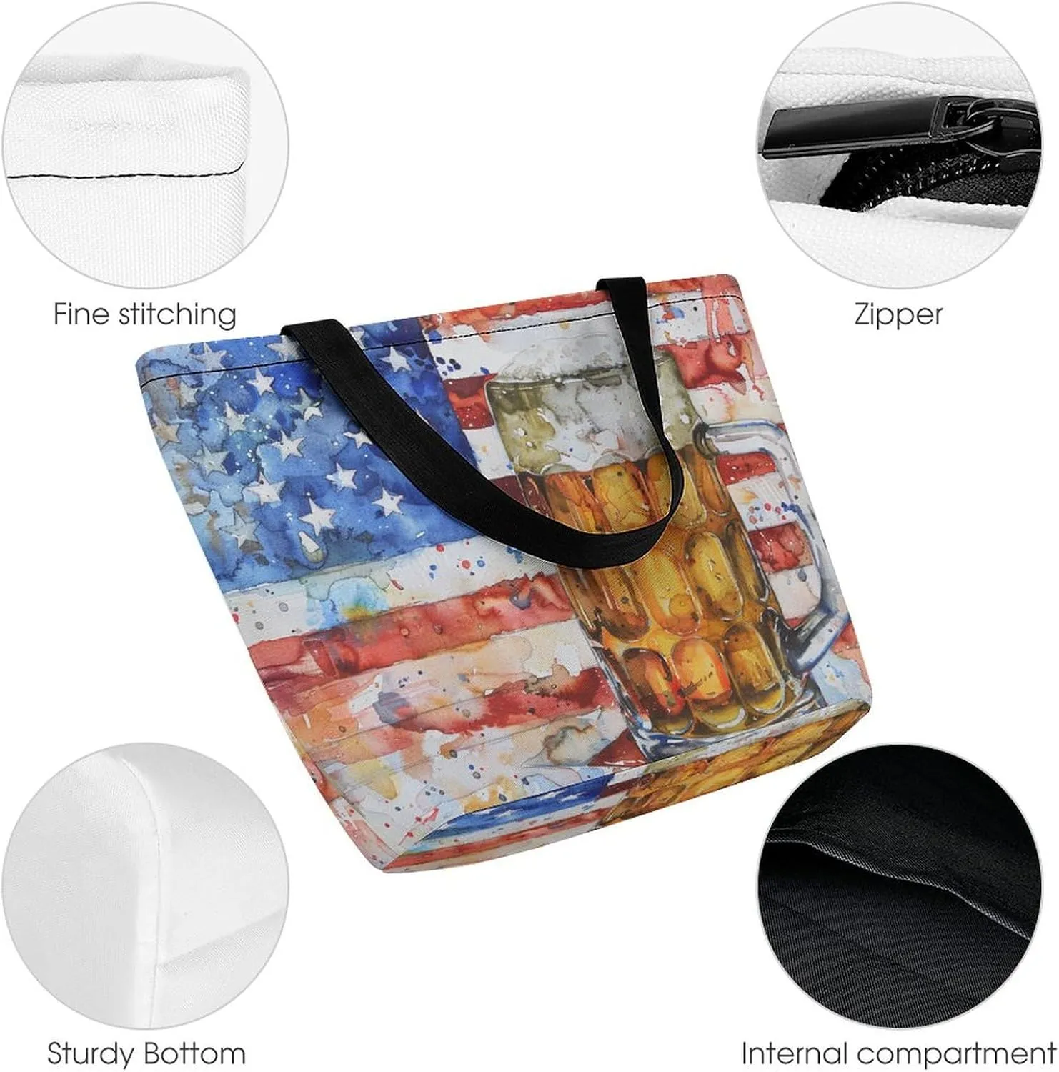 MoBlinko Patriotic Memorial Day Tote Bag for Women Reusable Handbags Shoulder Bags with Zipper for Yoga Grocery Gifts