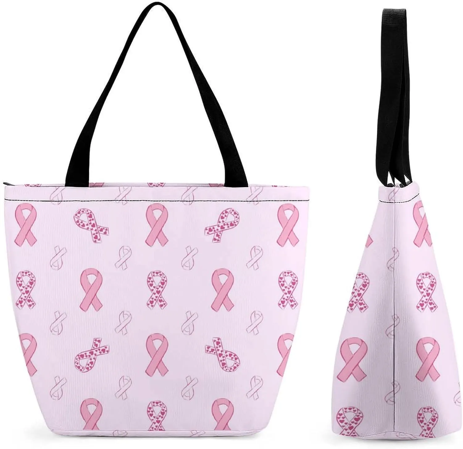 MoBlinko Pink Ribbon And Heart Women Tote Bags Reusable Yoga Shoulder Bag Handbag with Zipper for Dog Lover Gift