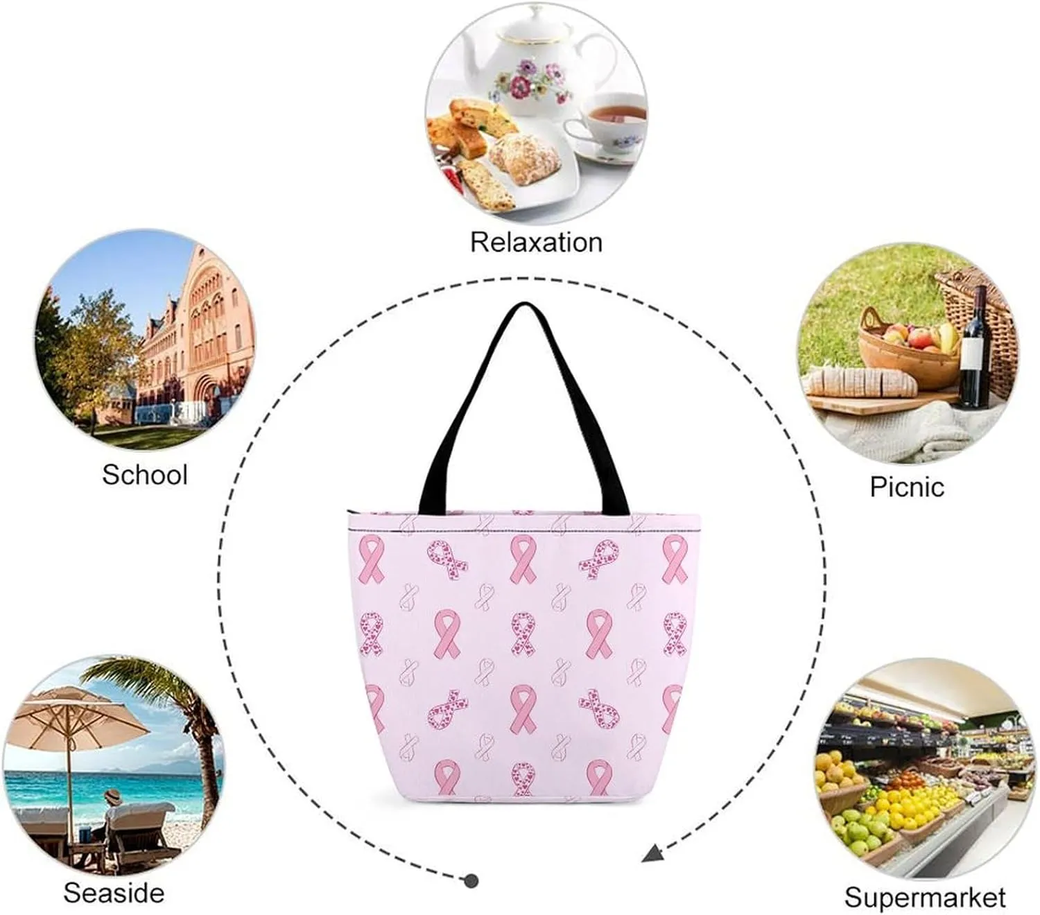 MoBlinko Pink Ribbon And Heart Women Tote Bags Reusable Yoga Shoulder Bag Handbag with Zipper for Dog Lover Gift