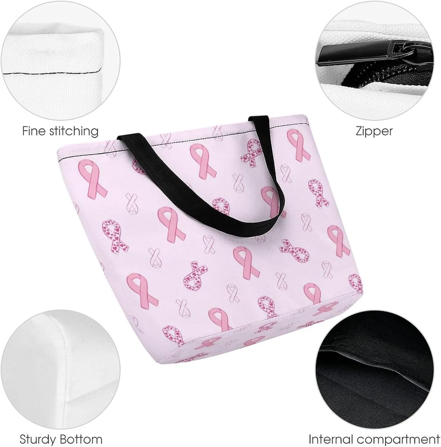 MoBlinko Pink Ribbon And Heart Women Tote Bags Reusable Yoga Shoulder Bag Handbag with Zipper for Dog Lover Gift