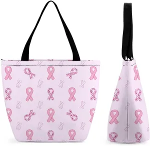 MoBlinko Pink Ribbon And Heart Women Tote Bags Reusable Yoga Shoulder Bag Handbag with Zipper for Dog Lover Gift