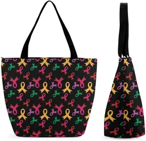 MoBlinko Pink Ribbon And Heart Women Tote Bags Reusable Yoga Shoulder Bag Handbag with Zipper for Dog Lover Gift