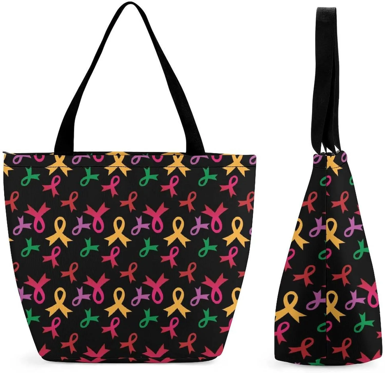 MoBlinko Pink Ribbon And Heart Women Tote Bags Reusable Yoga Shoulder Bag Handbag with Zipper for Dog Lover Gift