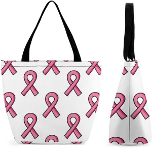 MoBlinko Pink Ribbon Heart Tote Bag for Women Reusable Handbags Shoulder Bags with Zipper for Yoga Grocery Shopping Gifts
