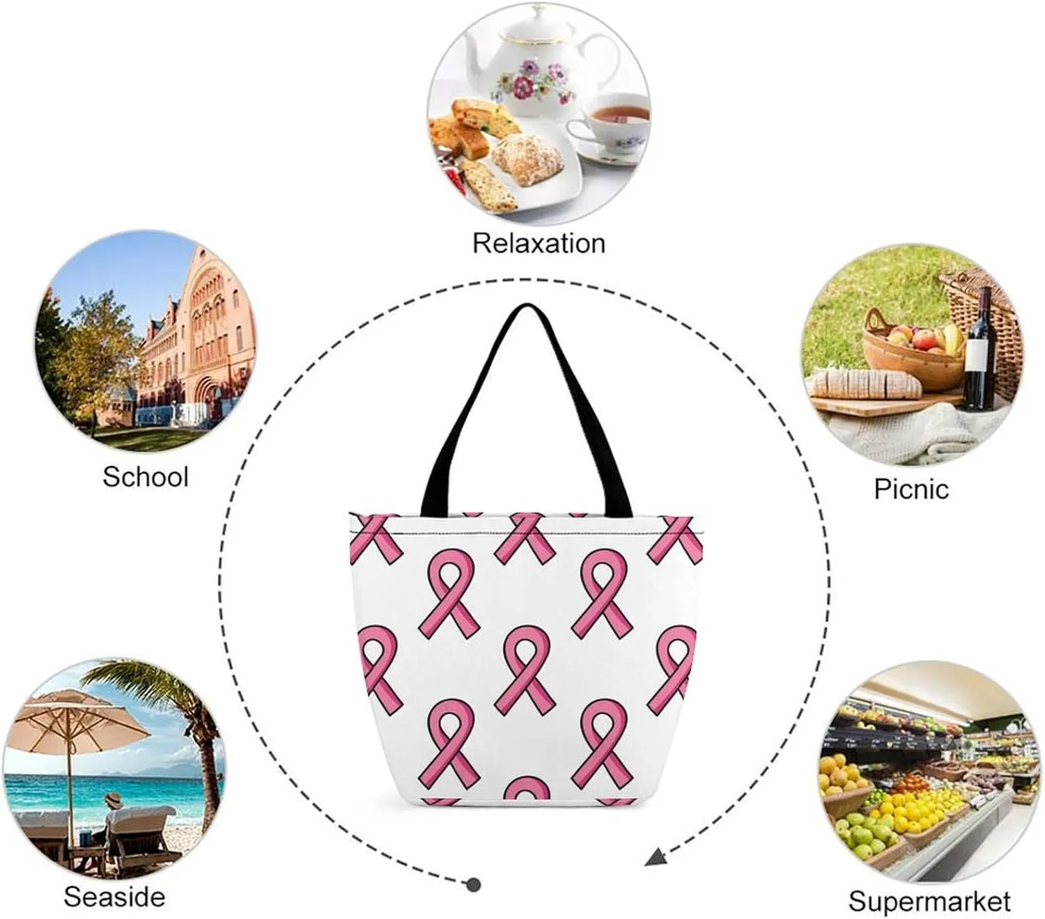 MoBlinko Pink Ribbon Heart Tote Bag for Women Reusable Handbags Shoulder Bags with Zipper for Yoga Grocery Shopping Gifts