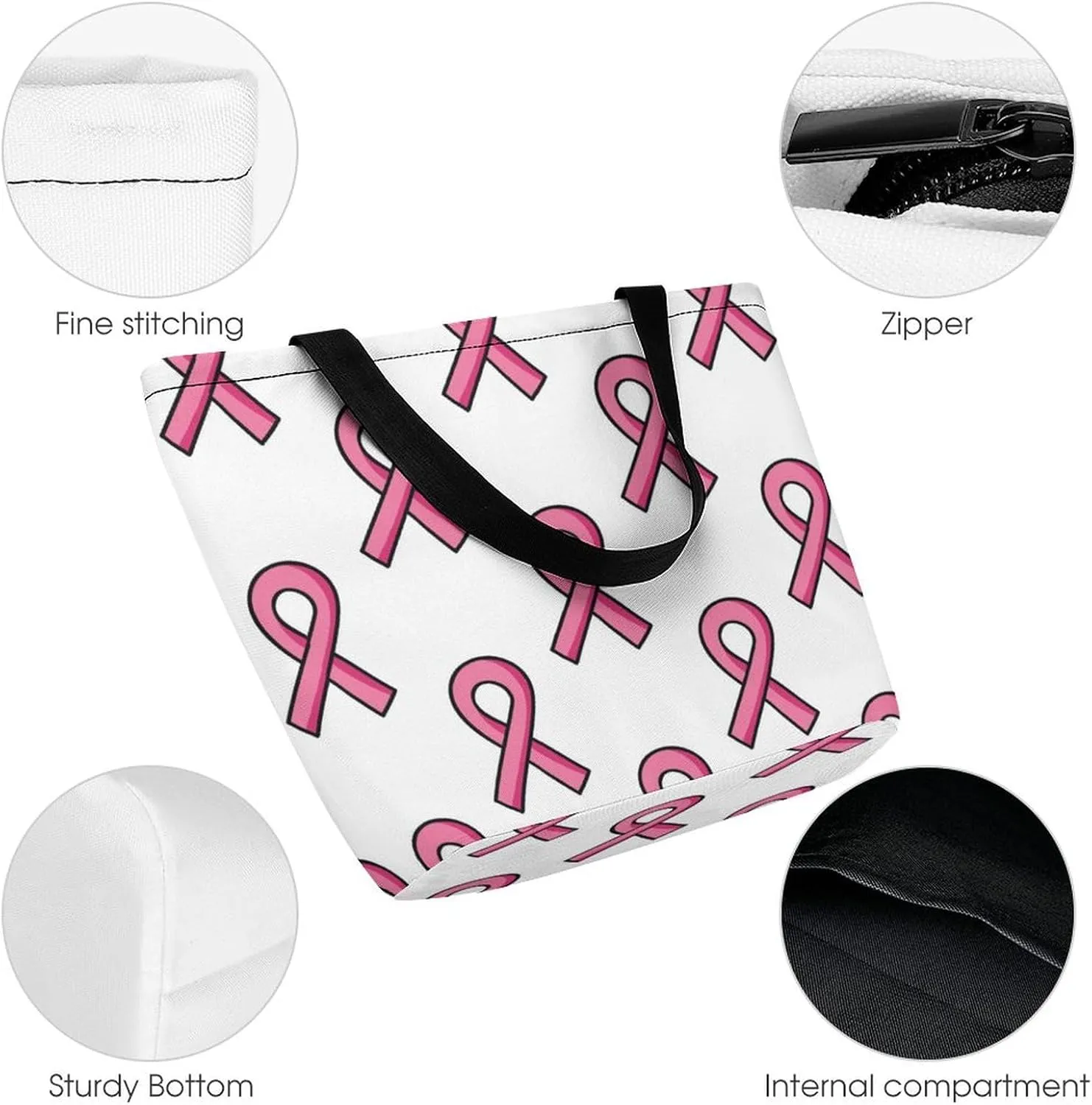 MoBlinko Pink Ribbon Heart Tote Bag for Women Reusable Handbags Shoulder Bags with Zipper for Yoga Grocery Shopping Gifts