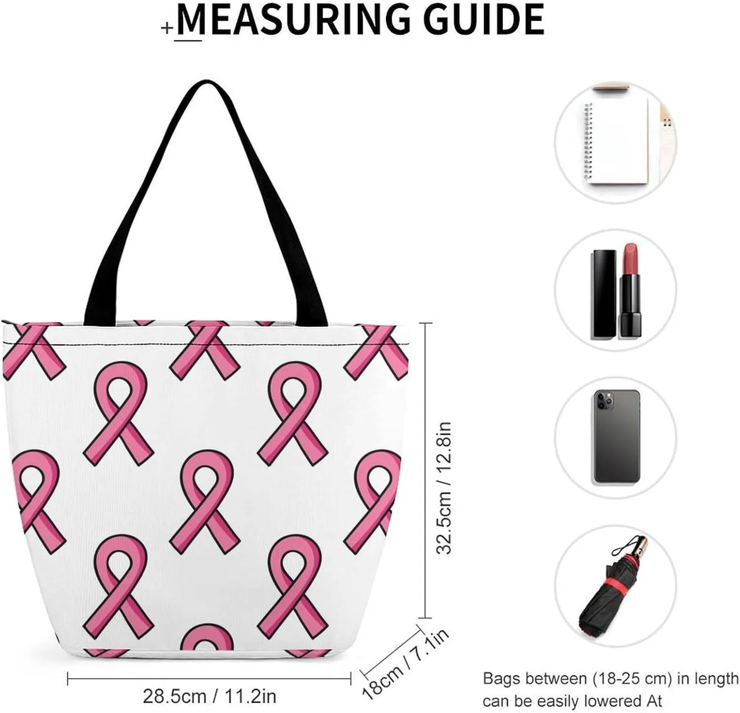 MoBlinko Pink Ribbon Heart Tote Bag for Women Reusable Handbags Shoulder Bags with Zipper for Yoga Grocery Shopping Gifts