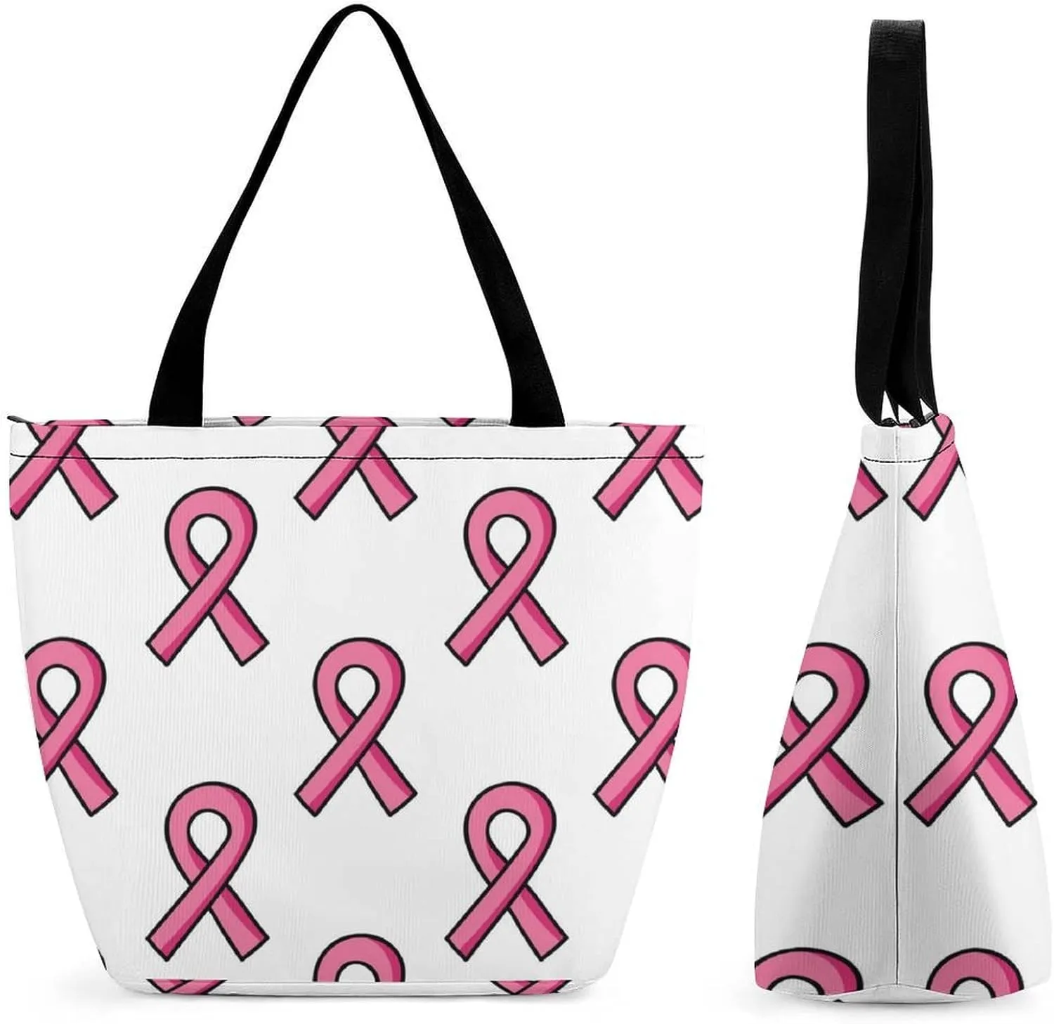 MoBlinko Pink Ribbon Heart Tote Bag for Women Reusable Handbags Shoulder Bags with Zipper for Yoga Grocery Shopping Gifts