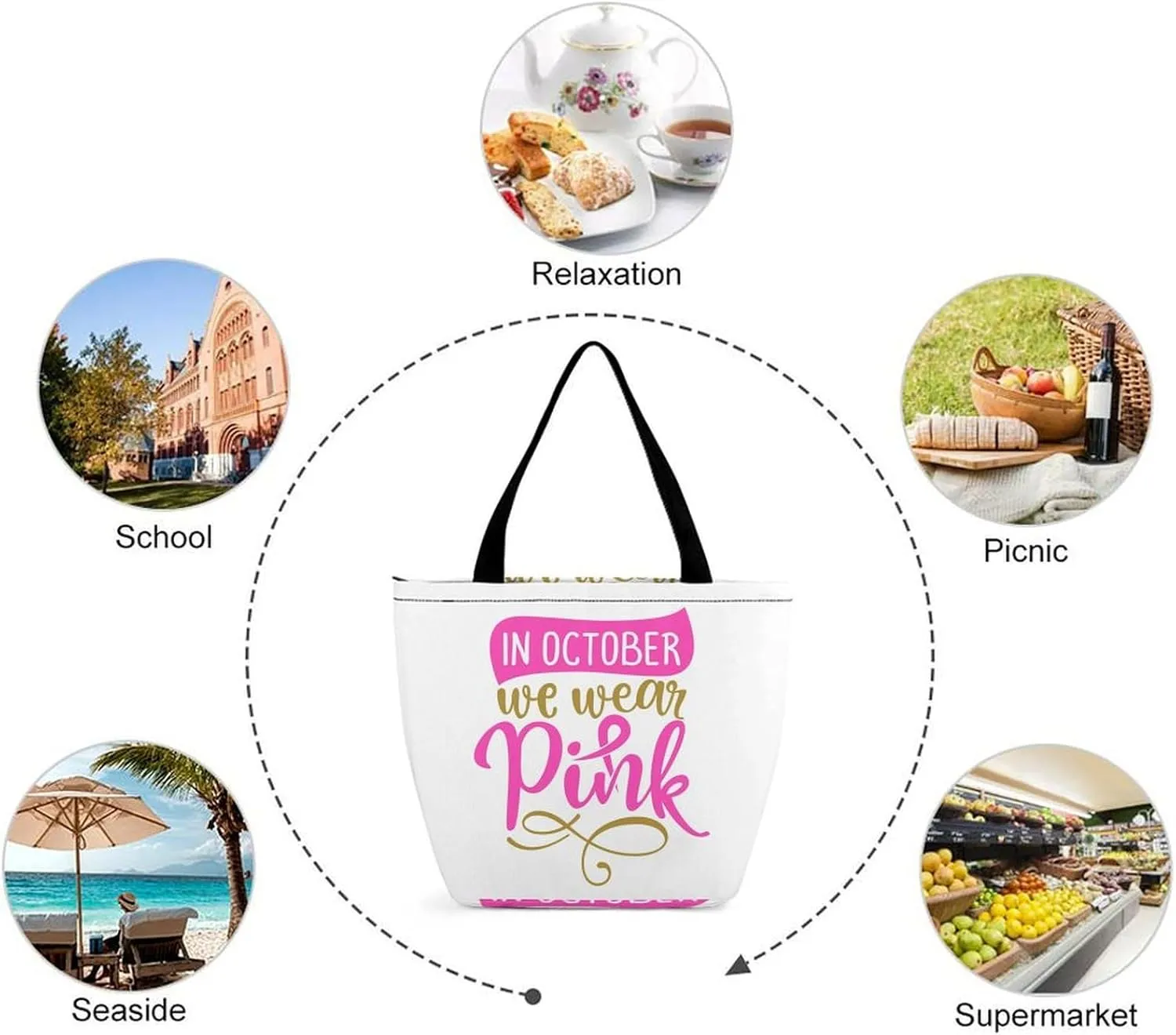 MoBlinko Pink Ribbon Heart Tote Bag for Women Reusable Handbags Shoulder Bags with Zipper for Yoga Grocery Shopping Gifts
