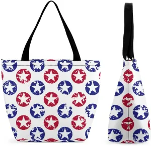 MoBlinko Red And Blue Stars Tote Bag for Women Reusable Handbags Shoulder Bags with Zipper for Yoga Grocery Shopping Gifts