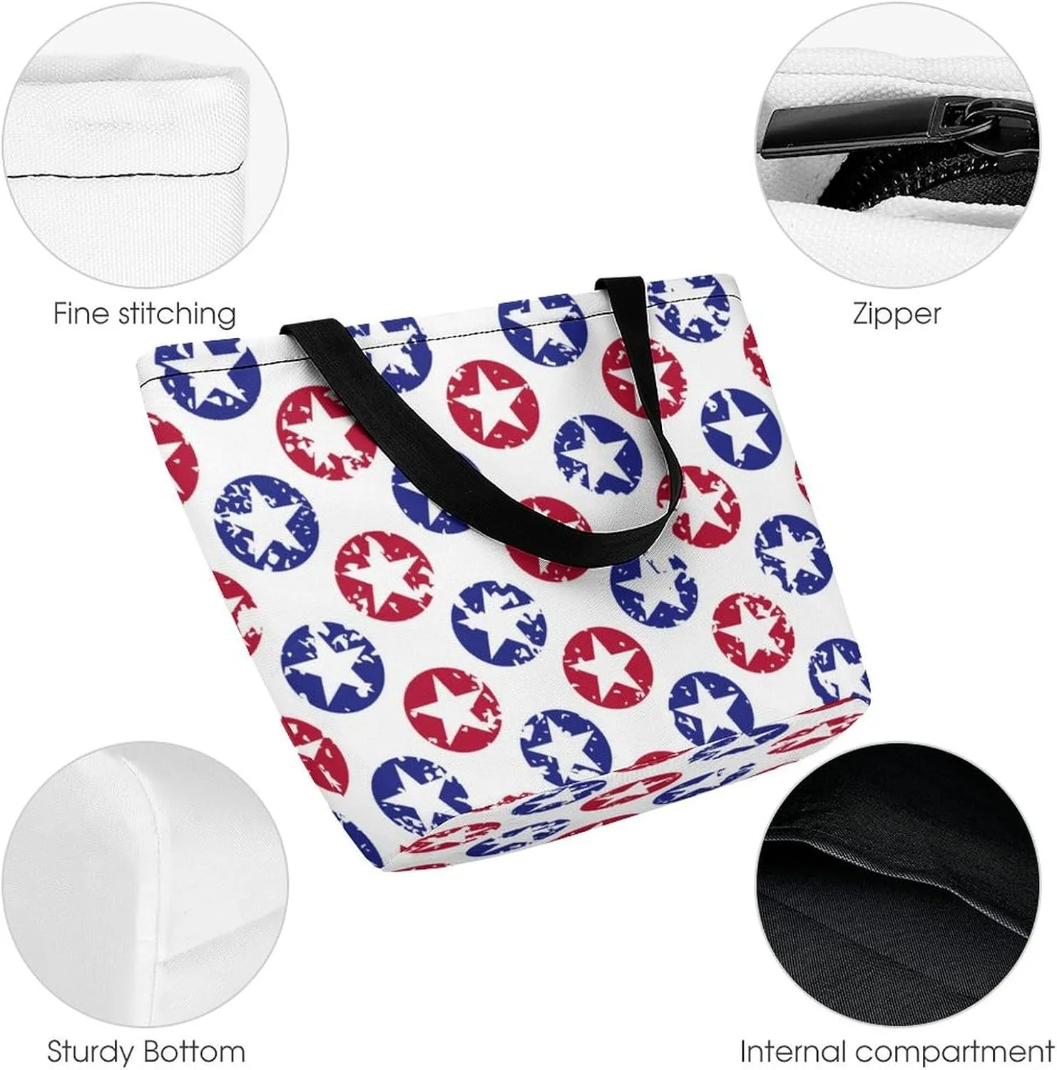 MoBlinko Red And Blue Stars Tote Bag for Women Reusable Handbags Shoulder Bags with Zipper for Yoga Grocery Shopping Gifts