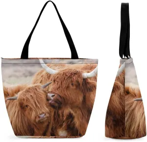 MoBlinko Scotish Highland Cattle Tote Bag for Women Reusable Handbags Shoulder Bags with Zipper for Yoga Grocery Gifts