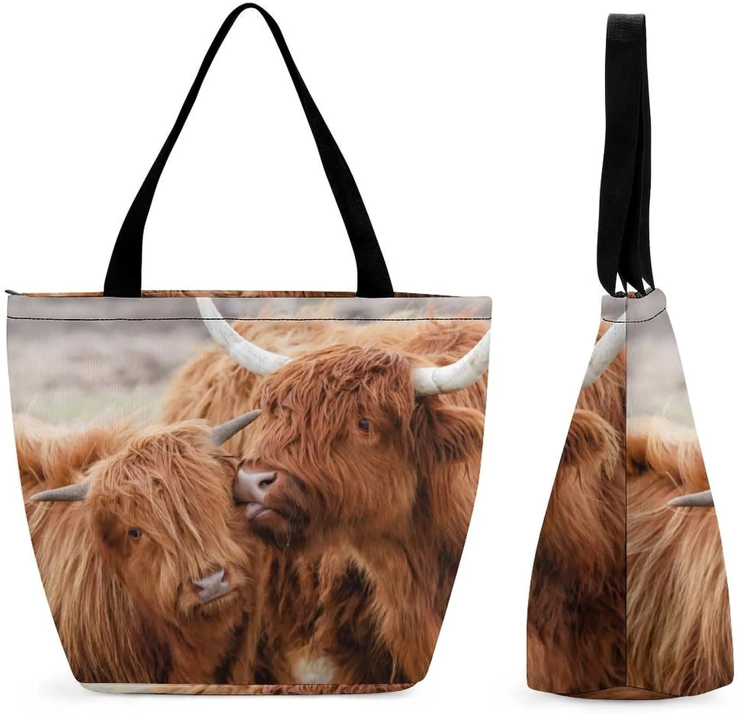 MoBlinko Scotish Highland Cattle Tote Bag for Women Reusable Handbags Shoulder Bags with Zipper for Yoga Grocery Gifts