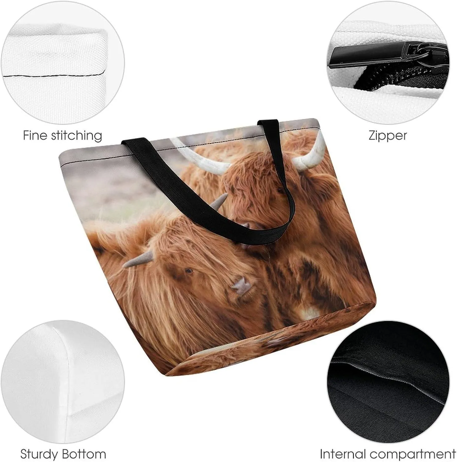 MoBlinko Scotish Highland Cattle Tote Bag for Women Reusable Handbags Shoulder Bags with Zipper for Yoga Grocery Gifts