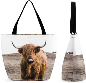MoBlinko Scottish Highland Cattle Cow Tote Bag for Women Reusable Handbags Shoulder Bags with Zipper for Yoga Grocery Gifts