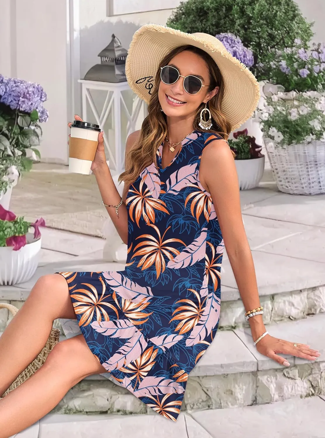 MOLERANI Women Summmer Dresses 2025 Casual V Neck Sleeveless Mini Sundress Flowy Beach Vacation Short Dress with Pockets
