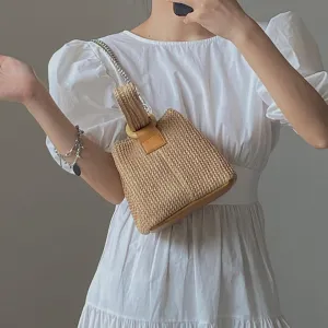 MOLERFO Women's Summer Vacation Clutch Chic Raffia Straw Rattan Handbag Bucket Bag Shoulder Bag Summer Beach Purse