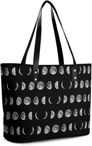 Moon Phases Tote Bag for Women PU Leather Tote Handbags Lightweight Large Capacity Shoulder Bags Travel Business Shopping School Casual Bag with Zipper