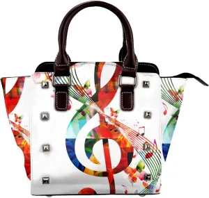 Musical Notes Rhythm Women Leather Handbag Rivet Shoulder Bag Top Handle Satchel Purse