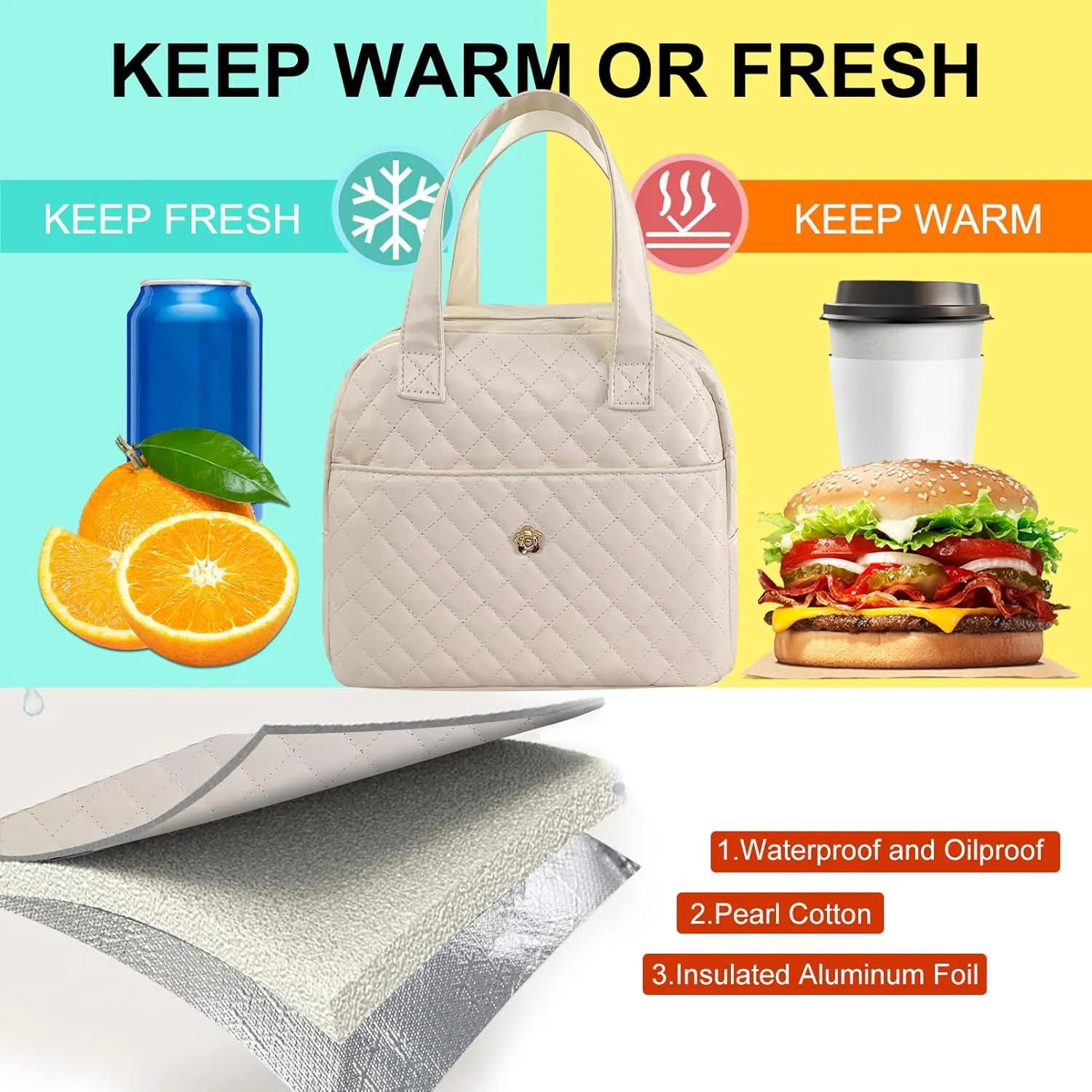 Mziart Insulated Lunch Bag for Women Men, PU Leather Lunch Tote Bag for Women Aesthetic Lunch Box Bag Thermal Bento Cooler Bag Sack Food Handbags for Work Office Picnic Travel (Beige)