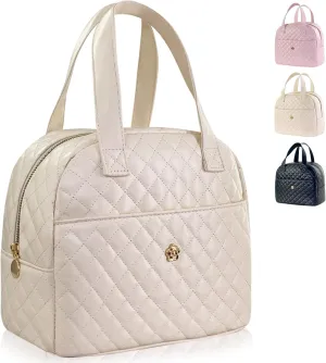 Mziart Insulated Lunch Bag for Women Men, PU Leather Lunch Tote Bag for Women Aesthetic Lunch Box Bag Thermal Bento Cooler Bag Sack Food Handbags for Work Office Picnic Travel (Beige)