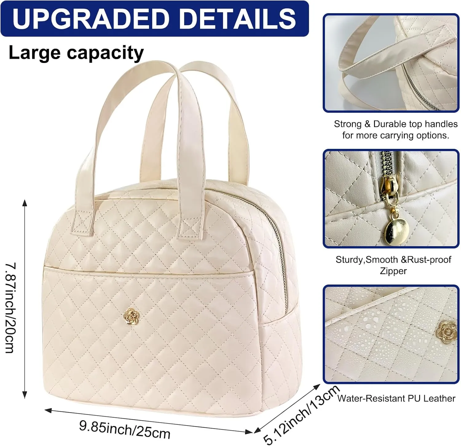 Mziart Insulated Lunch Bag for Women Men, PU Leather Lunch Tote Bag for Women Aesthetic Lunch Box Bag Thermal Bento Cooler Bag Sack Food Handbags for Work Office Picnic Travel (Beige)