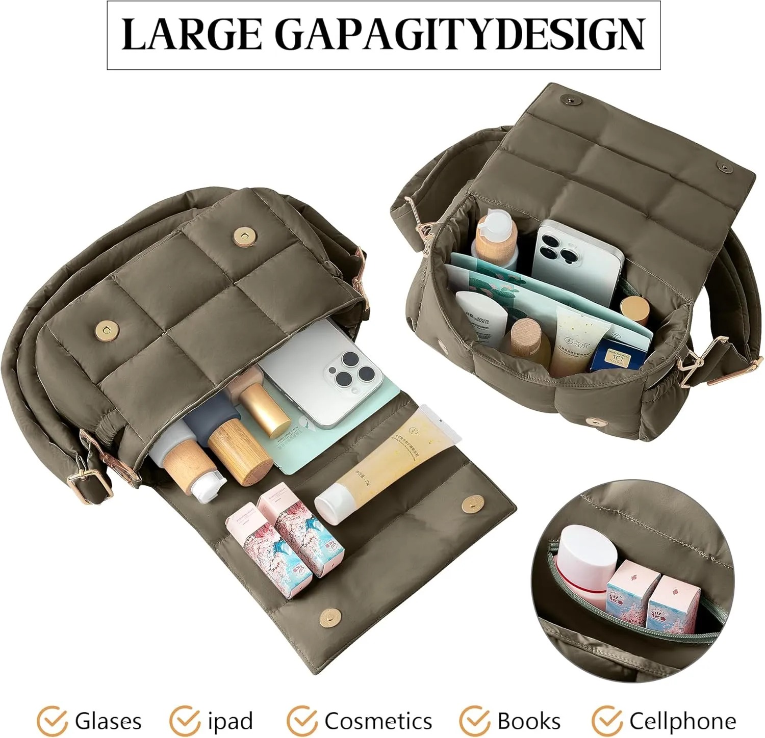 NAARIIAN Crossbody Bag for Women Quilted Puffer Purse Fashion Lightweight Travel Handbags Cute Small Shoulder Bag