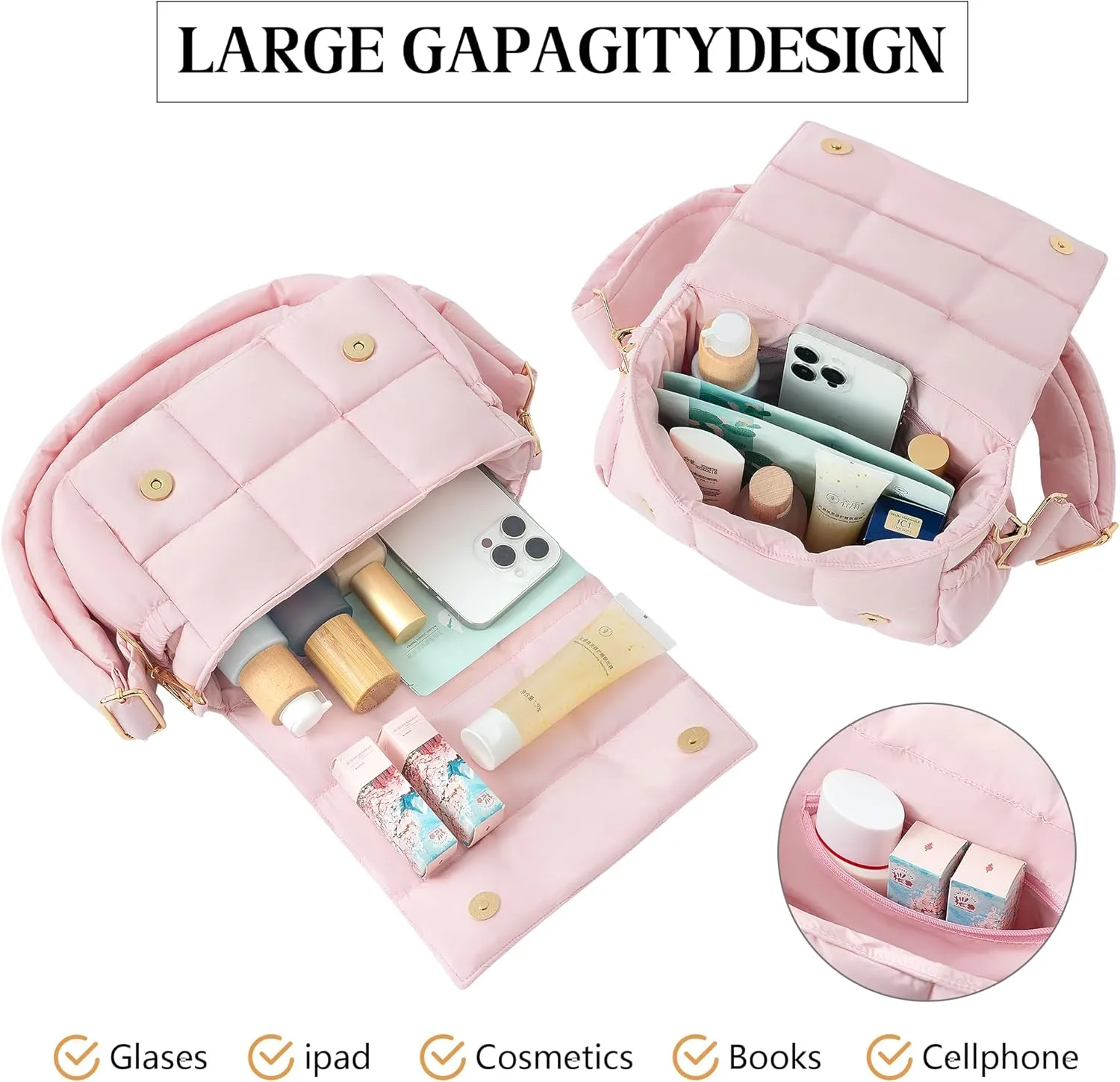 NAARIIAN Crossbody Bag for Women Quilted Puffer Purse Fashion Lightweight Travel Handbags Cute Small Shoulder Bag