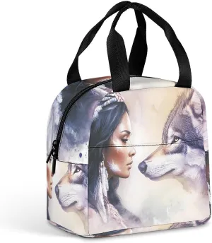 Native American Women And Wolf Reusable Lunch Bag Insulated Tote Box Cooler Food Handbags Case For Women Men 22 * 20 * 13cm