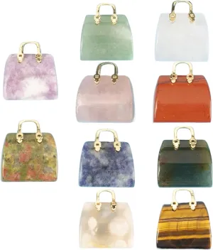 Natural Crystal Stone Handbag Sculpture: 10Pcs Hand Carved Gemstone Pendant, Women Jewelry Quartz Mini Bag Ornament, for Jewelry Making Necklace Earrings Decor Home Decoration