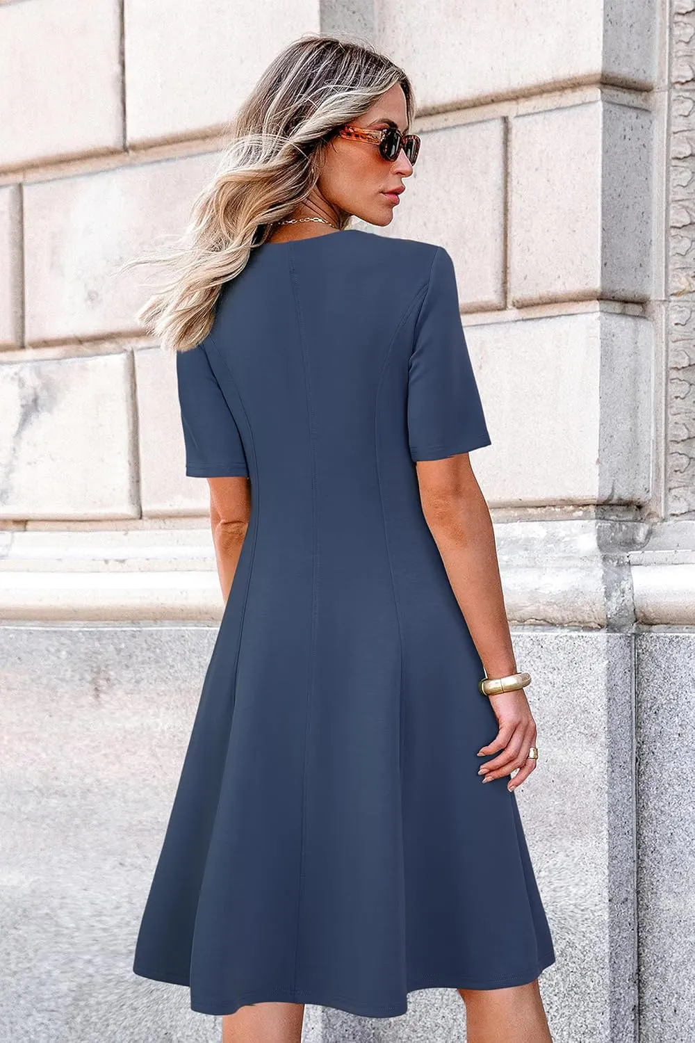 Newshows Women's 2025 Summer Business Casual Work Dress Wrinkle-Free Crewneck Midi Short Sleeve Skater Formal Office Attire