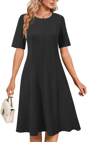 Newshows Women's 2025 Summer Business Casual Work Dress Wrinkle-Free Crewneck Midi Short Sleeve Skater Formal Office Attire