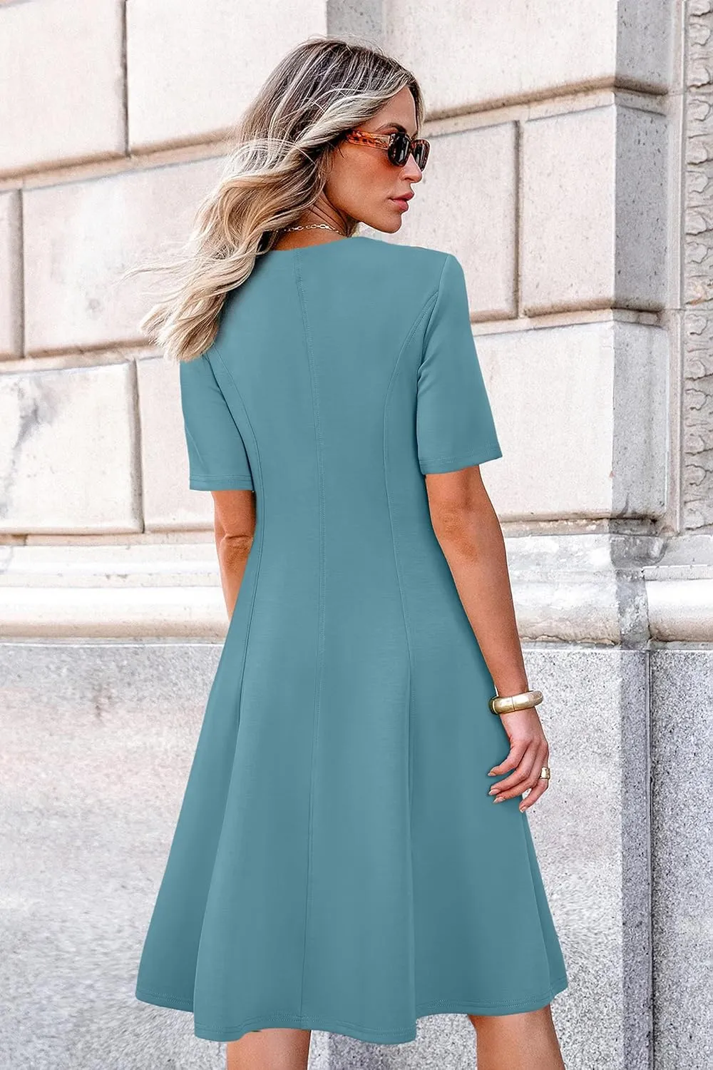 Newshows Women's 2025 Summer Business Casual Work Dress Wrinkle-Free Crewneck Midi Short Sleeve Skater Formal Office Attire