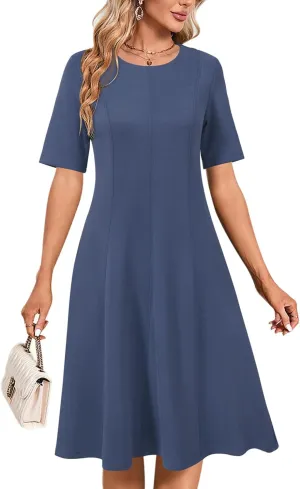 Newshows Women's 2025 Summer Business Casual Work Dress Wrinkle-Free Crewneck Midi Short Sleeve Skater Formal Office Attire