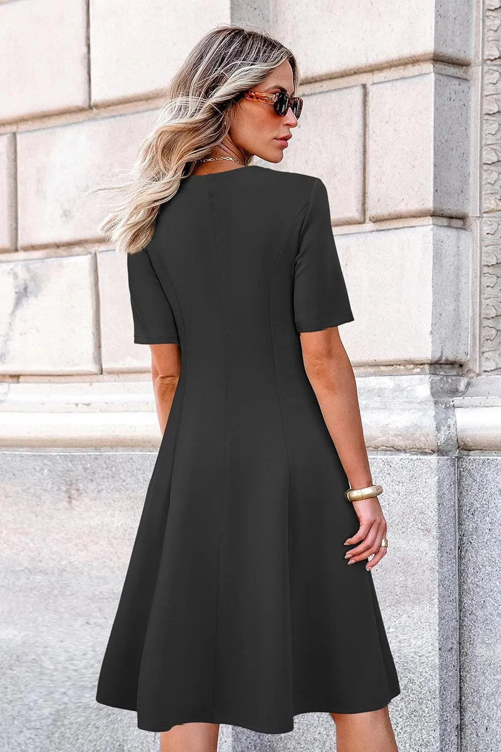 Newshows Women's 2025 Summer Business Casual Work Dress Wrinkle-Free Crewneck Midi Short Sleeve Skater Formal Office Attire