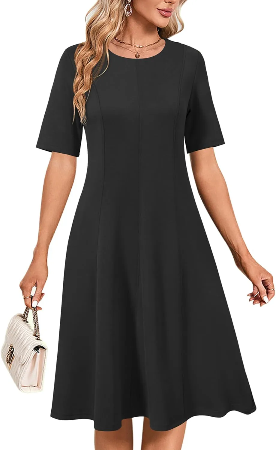 Newshows Women's 2025 Summer Business Casual Work Dress Wrinkle-Free Crewneck Midi Short Sleeve Skater Formal Office Attire