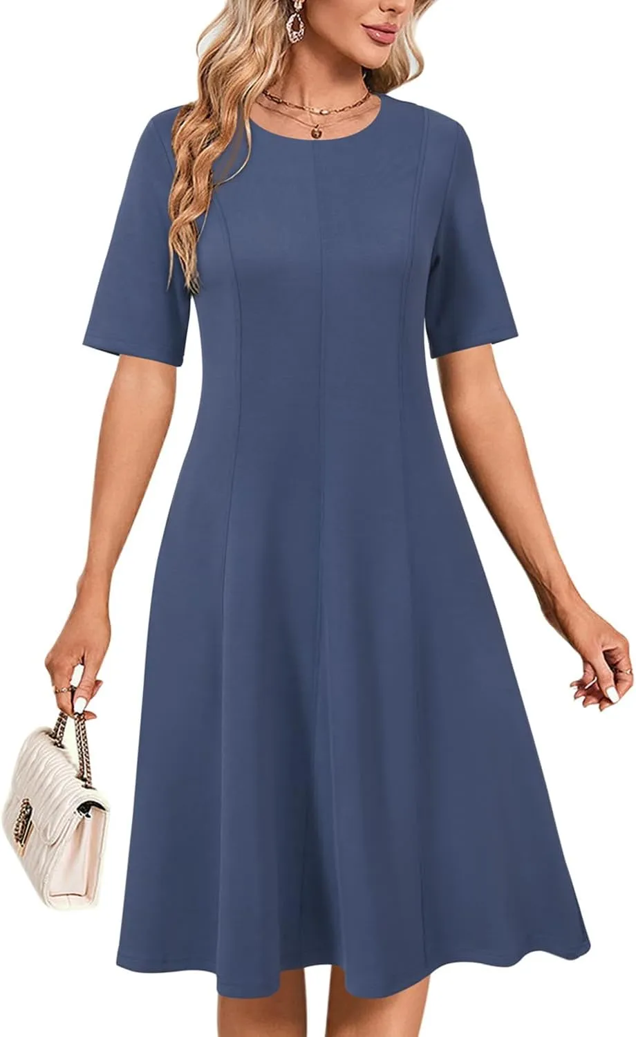 Newshows Women's 2025 Summer Business Casual Work Dress Wrinkle-Free Crewneck Midi Short Sleeve Skater Formal Office Attire