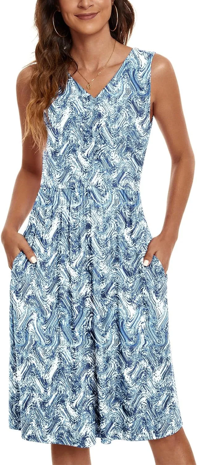 NILOUFO Womens Summer Casual Dresses Sleeveless V Neck Midi Dress with Pockets