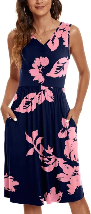 NILOUFO Womens Summer Casual Dresses Sleeveless V Neck Midi Dress with Pockets