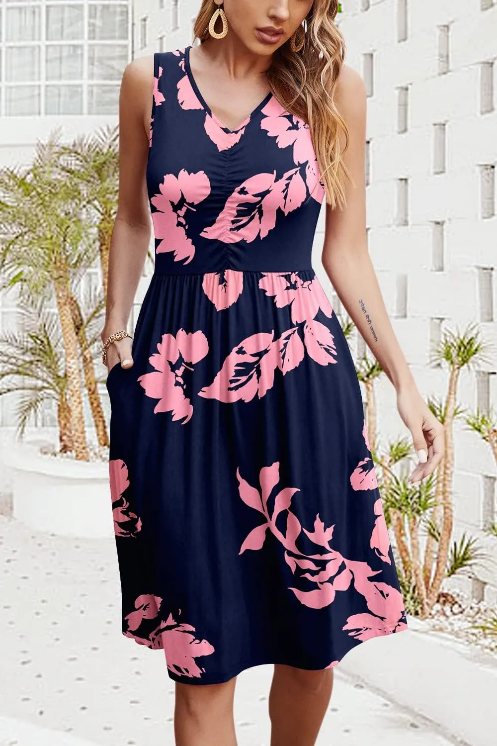 NILOUFO Womens Summer Casual Dresses Sleeveless V Neck Midi Dress with Pockets