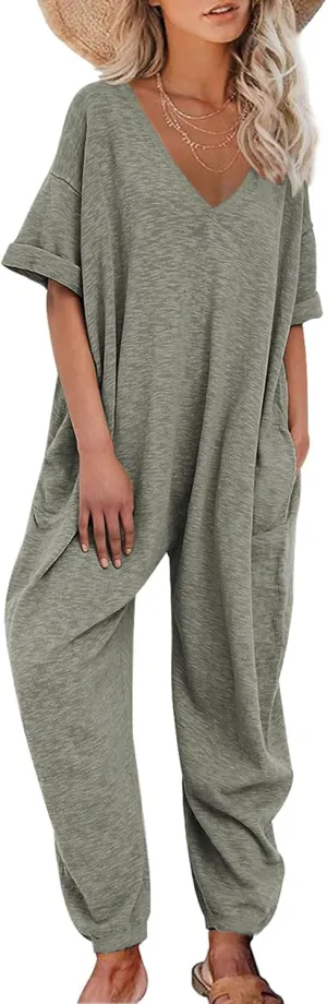 Nirovien Women's Solid Color V Neck Jumpsuits Casual Half Sleeve Long Rompers Beam Foot Baggy Overalls