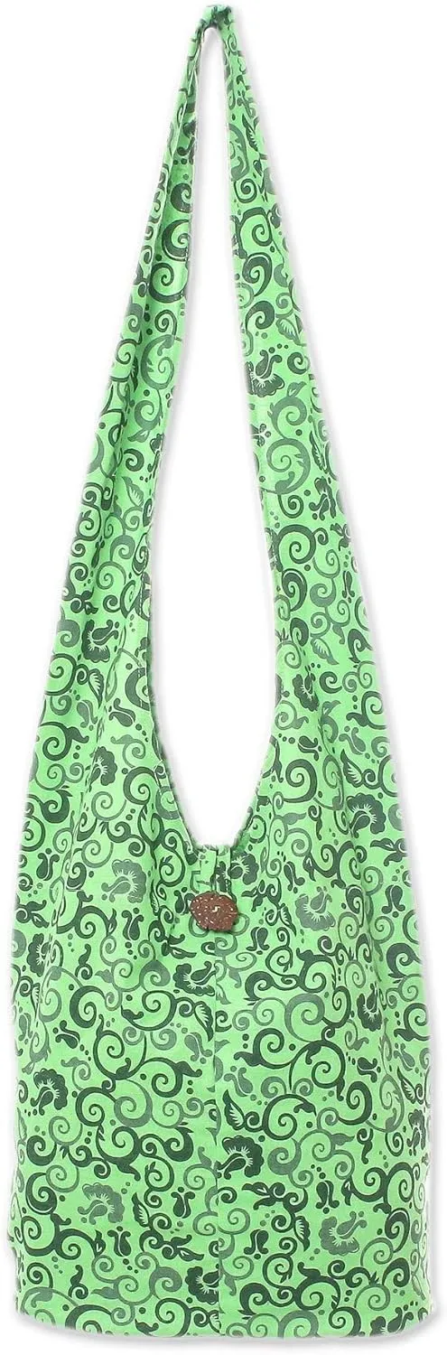 NOVICA Artisan Handmade Cotton Shoulder Bag Spring Green Floral Vine Motif 100% Handbags Printed Thailand ' Pretty Tendrils'