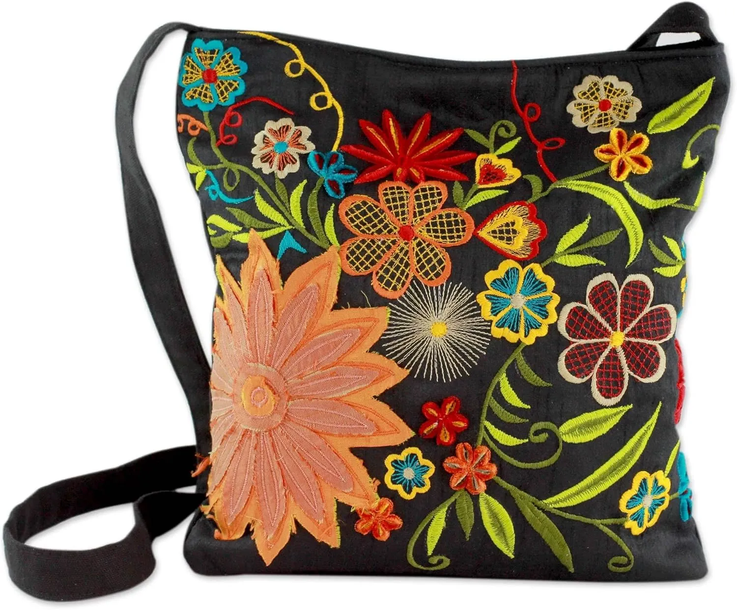 NOVICA Artisan Handmade Embroidered Cotton Blend Shoulder Bag Floral Embroidery Black Handbags Multicolor India ' Tropical Paradise'