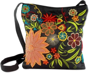 NOVICA Artisan Handmade Embroidered Cotton Blend Shoulder Bag Floral Embroidery Black Handbags Multicolor India ' Tropical Paradise'