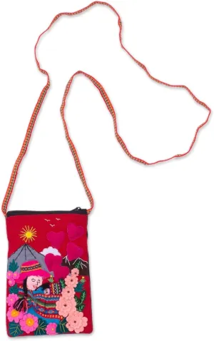 NOVICA Handmade Cotton Blend Cell Phone Bag Arpillera from Peru Handbags Multicolor Shoulder Slings Laptop Tablet Cases Patchwork Floral Heart Cultural 'Mama of The Andes'