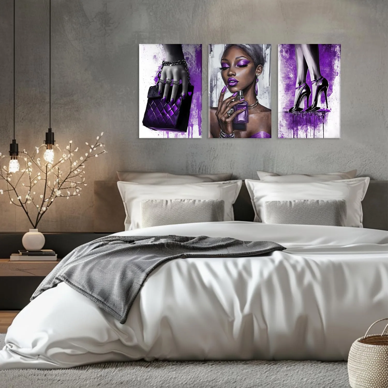 OAAPITI 3 Panel Purple Theme Canvas Wall Art High Heels Black Girl Perfume Handbags Art Print Stylish African American Artwork for Bedroom Dressing Room(Artwork-4,24"x36"x3pcs)